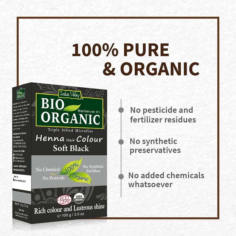 Bio Organic Soft Black Henna Hair Colour For Early Grey Hair Coverage - 100gm - Image 3
